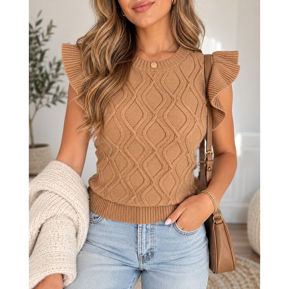 Pants Store Brown Cable Knit Ruffle Sleeve Sweater